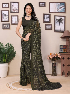 BHAGYAVATI DESIGNER Embroidered, Embellished, Self Design Maheshwari Georgette Saree(Green)