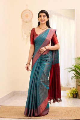 Madhav Creation Woven Banarasi Art Silk Saree(Blue)