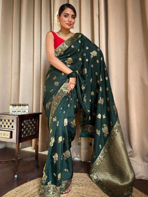 ZELLURE Solid/Plain Banarasi Jacquard Saree(Dark Green)