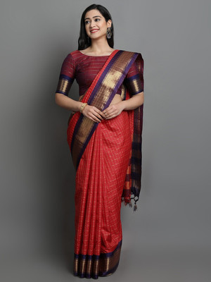 HouseOfCommon Woven, Checkered, Embellished, Self Design Daily Wear Jacquard, Cotton Silk Saree(Red)