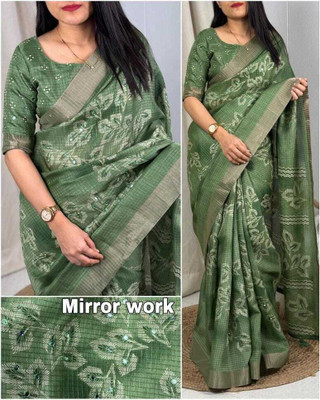Dhanlaxmi CreationLLP Self Design, Woven, Checkered Bollywood Muslin, Cotton Blend Saree(Green)