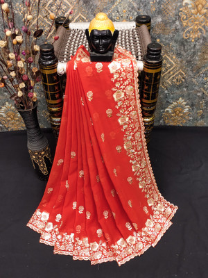 Mikhushop Embroidered Bollywood Georgette Saree(Orange)