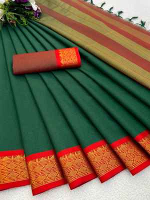 KanjiQueen Checkered Jamdani Silk Blend, Cotton Blend Saree(Dark Green, Red)