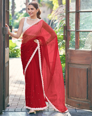 SIRIL Dyed, Embellished, Self Design Bollywood Net Saree(Red)