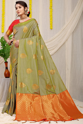 sarjan creation Self Design Kanjivaram Jacquard Saree(Light Green)