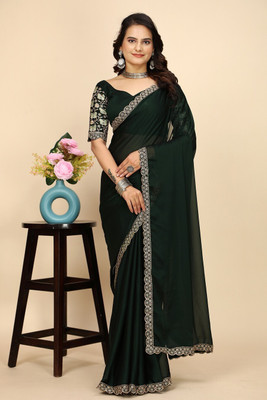KONICA FAB Self Design, Solid/Plain, Embroidered Bollywood Chiffon Saree(Dark Green)