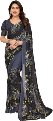 AMBUJAINTERNATIONAL Floral Print Bollywood Georgette Saree(Grey)