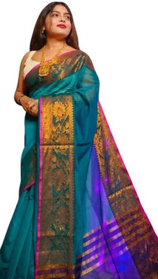 ANU INDIAN FASHION Woven Handloom Cotton Blend Saree(Multicolor)