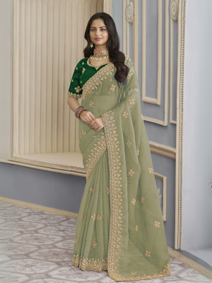 odette Embellished Saree with Attached Blouse Georgette Saree(Pack of 2, Green)