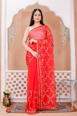 MSC TRENDLINE SAREES Embroidered, Self Design Bollywood Chiffon Saree(Red)