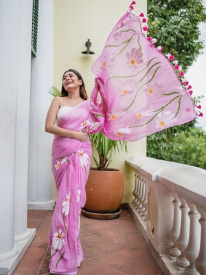 Soor Panchi Digital Print Daily Wear Cotton Linen Saree(Pink)