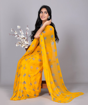 BL Group Self Design, Printed, Embellished, Geometric Print, Color Block Bandhani Chiffon Saree(Yellow)