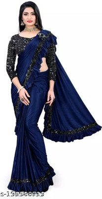PLEXSTAR Self Design, Checkered, Embellished, Solid/Plain Bollywood Lycra Blend Saree(Blue)