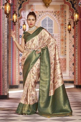 Tasrika Floral Print, Printed Bollywood Jacquard, Pure Silk Saree(Dark Green, Multicolor)