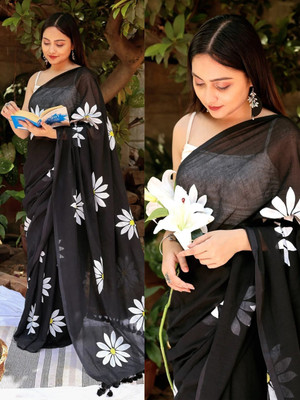 Mionas Floral Print Bollywood Pure Cotton Saree(White)