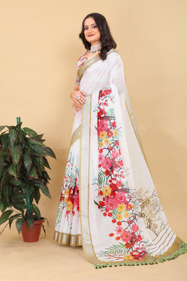 Akshar Enterprise Printed Bollywood Cotton Silk Saree(White)