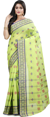 PuJoy Self Design, Woven Tant Pure Cotton Saree(Light Green)