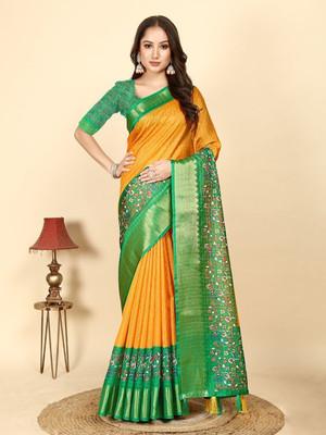 J6 Designers Checkered Assam Silk Art Silk Saree(Yellow)
