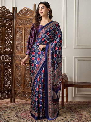 Sangria Printed Daily Wear Crepe Saree(Dark Blue)