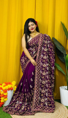 Dona Sharee Embroidered Bollywood Silk Blend Saree(Purple)