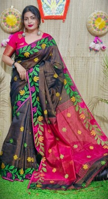 PRANATI ENTERPRISE Woven, Self Design, Floral Print Handloom Pure Cotton, Cotton Silk Saree(Black)