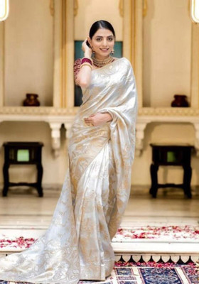 MADHAV Woven, Printed Kanjivaram Silk Blend Saree(White)