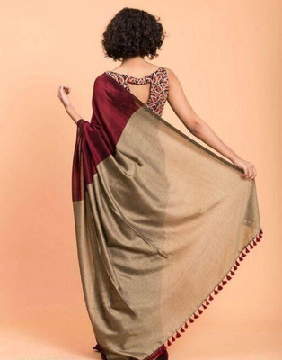 BRYNBRIT Solid/Plain Handloom Cotton Blend Saree(Multicolor)