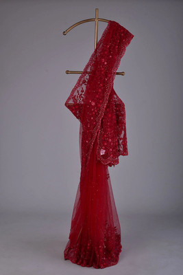 PRATYAMFASHION Embroidered Bollywood Net Saree(Red)