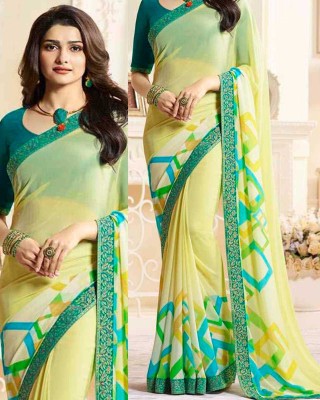 MEETVIN COUTURE Printed, Self Design, Digital Print, Embroidered, Floral Print, Solid/Plain Daily Wear Georgette, Chiffon Saree(Yellow)