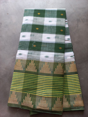 Piyafashion Self Design Tant Pure Cotton Saree(White, Green)