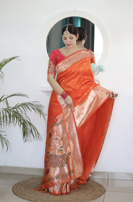Yogik Creation Floral Print Paithani Silk Blend Saree(Orange)