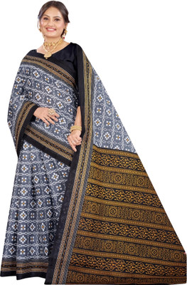 SareeVastra Blocked Printed Sambalpuri Cotton Blend Saree(Grey, White)