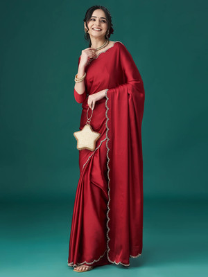 KASEE Solid/Plain Bollywood Satin Saree(Maroon)