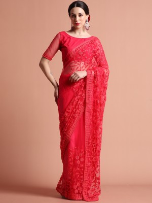 Jaipur Kurti Embroidered Bollywood Net Saree(Pink)