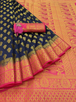 GajGajra Printed Arani Pattu Cotton Silk Saree(Dark Blue, Pink)
