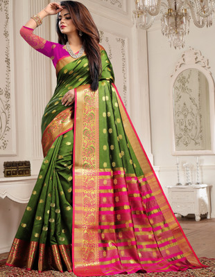 KING VULTURE Woven, Paisley, Self Design Banarasi Pure Silk, Cotton Silk Saree(Green)