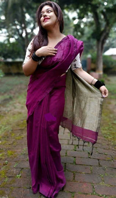 Hiya saree And Punjabi house Solid/Plain Handloom Pure Cotton, Cotton Silk Saree(Magenta)