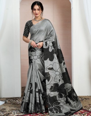 SIRIL Floral Print, Printed Daily Wear Cotton Blend Saree(Grey)