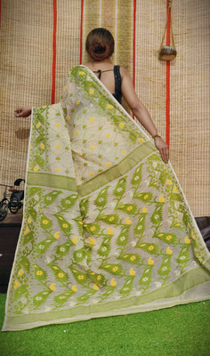 binita Self Design Jamdani Cotton Silk Saree(Green)