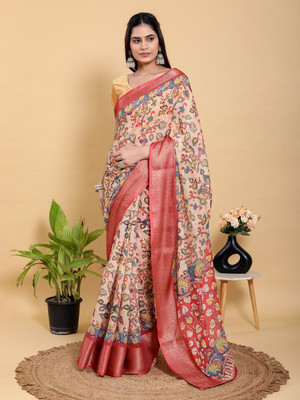 MANASTEXTILS Printed, Floral Print Kalamkari Cotton Linen Saree(Beige, Red, Multicolor)