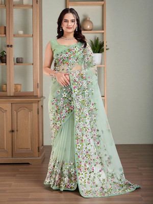 AAVNI FASHION Embroidered, Floral Print, Embellished Bollywood Net Saree(Light Green)