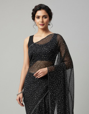 Anugrah Textile Solid/Plain Banarasi Lycra Blend, Chiffon Saree(Black)