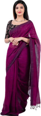 BRYNBRIT Solid/Plain Handloom Pure Cotton, Viscose Rayon Saree(Multicolor)
