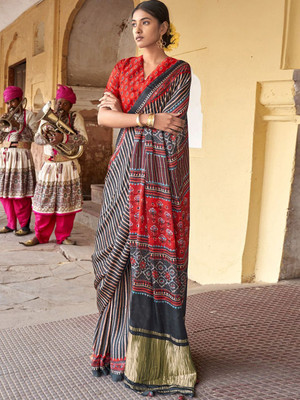 ANOUK Printed Leheria Viscose Rayon Saree(Black)