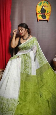 Krishneshwari Self Design, Woven Jamdani Pure Cotton Saree(Light Green, White)