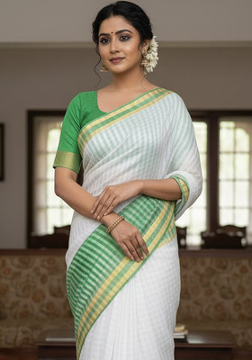 Anugrah Textile Embroidered Banarasi Lycra Blend, Chiffon Saree(White, Green)