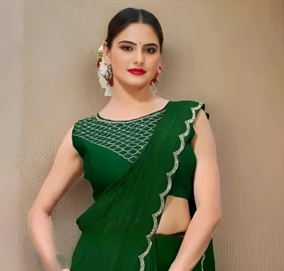 HOC Solid/Plain Bollywood Chiffon Saree(Green)