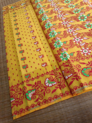 KhayaFashion Woven Tant Pure Cotton Saree(Yellow)