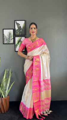 Aika Checkered Banarasi Pure Silk Saree(Pack of 2, White, Pink)
