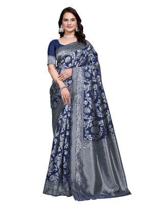 Anmi Embellished Banarasi Silk Blend Saree(Dark Blue)